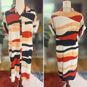 Dript Multicolor Earthtone Beach Cover-Up – Button-Up, Size L (G)